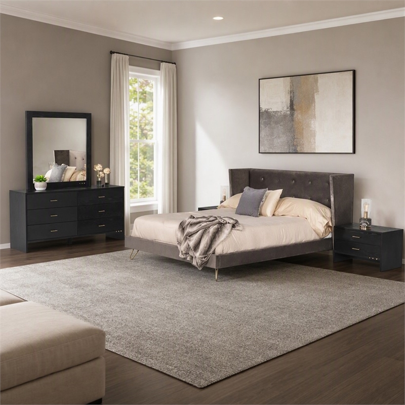 Pemberly Row Velvet & Metal Eastern King Bed in Charcoal Gray Upholstery