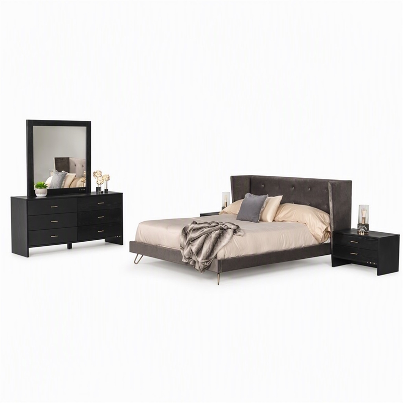 Pemberly Row Velvet & Metal Eastern King Bed in Charcoal Gray Upholstery