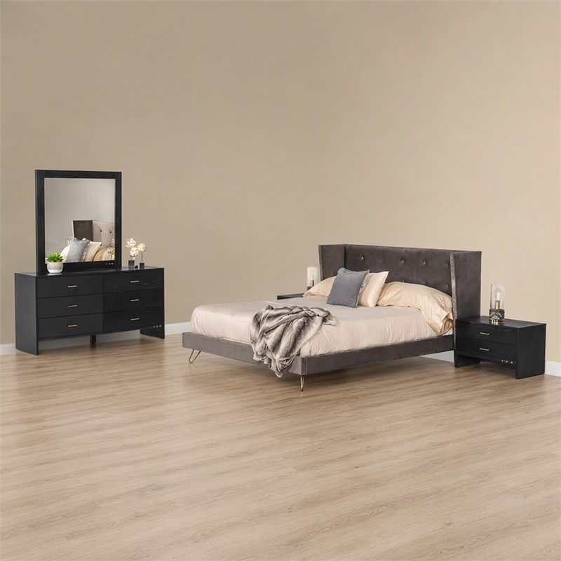 Pemberly Row Velvet & Metal Eastern King Bed in Charcoal Gray Upholstery