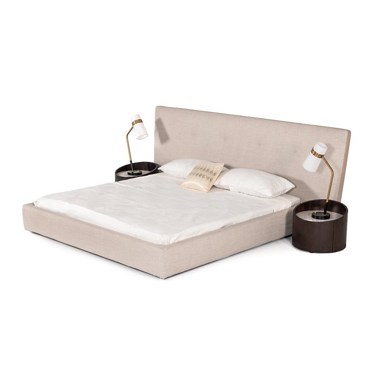 Pemberly Row Modern King Fabric Bed Upholstered in Beige Cotton & Polyester