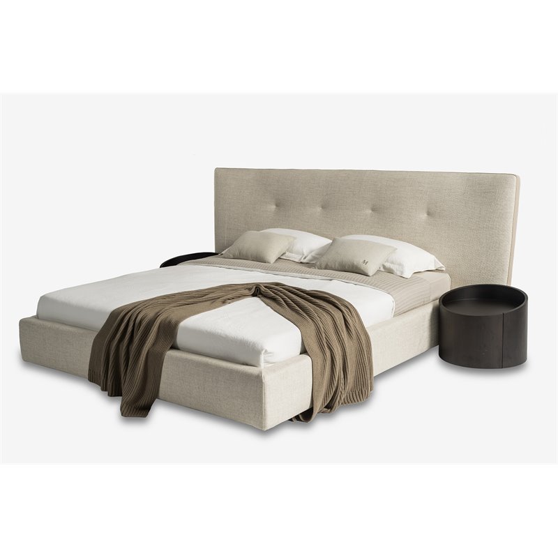 Pemberly Row Modern King Fabric Bed Upholstered in Beige Cotton & Polyester