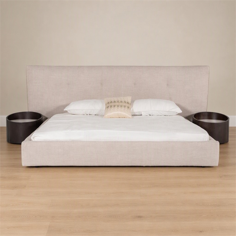 Pemberly Row Modern King Fabric Bed Upholstered in Beige Cotton & Polyester