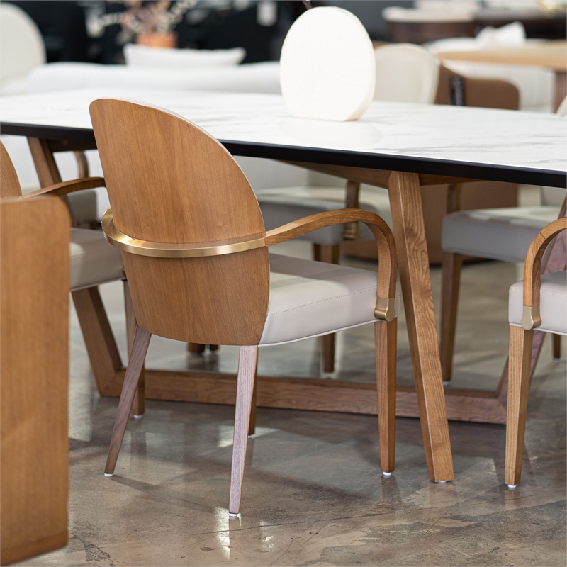 Pemberly Row Modern Faux Leather Dining Armchair in Taupe and Walnut