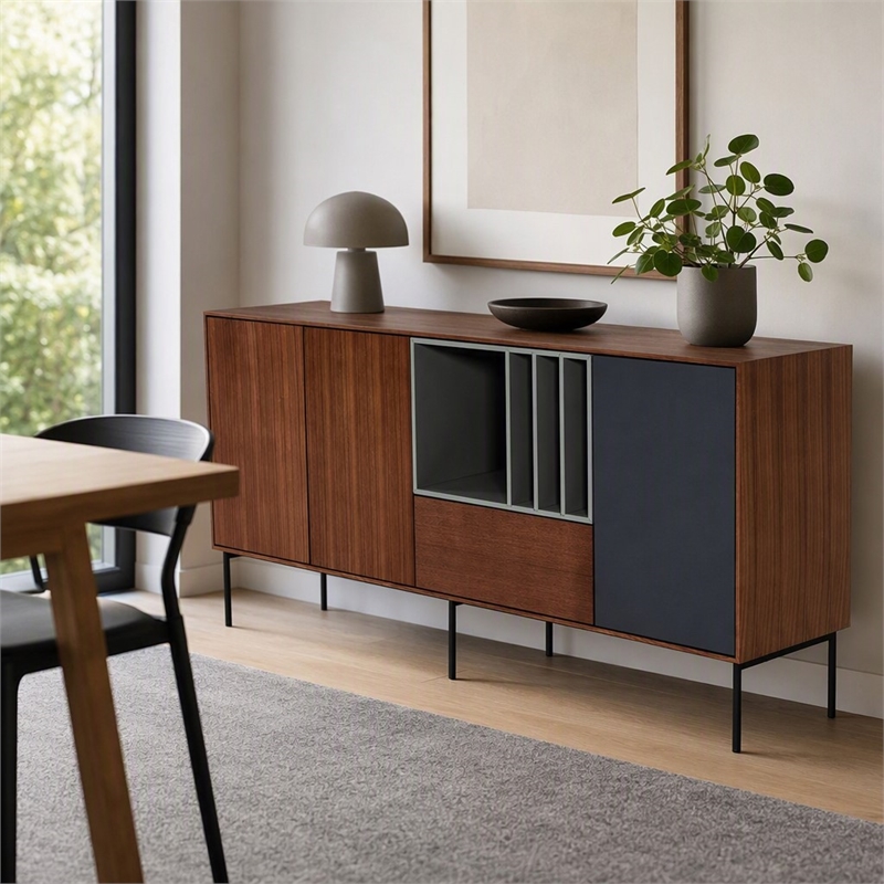 Pemberly Row 3-Door Buffet with Walnut Veneer & Charcoal Gray Accents