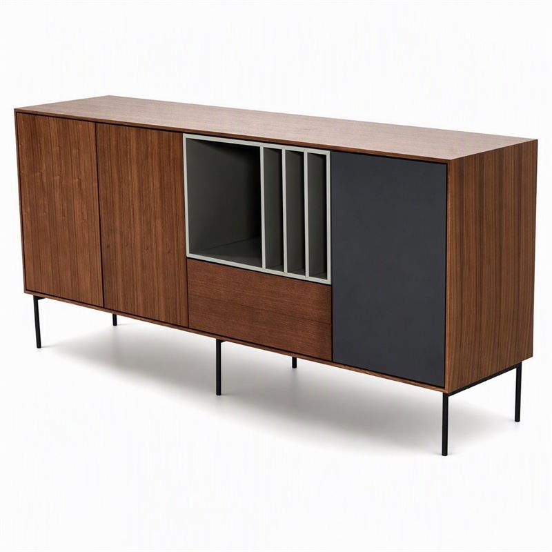 Pemberly Row 3-Door Buffet with Walnut Veneer & Charcoal Gray Accents