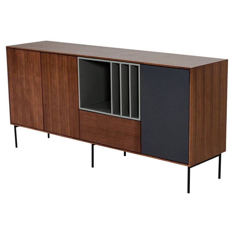 Pemberly Row 3-Door Buffet with Walnut Veneer & Charcoal Gray Accents