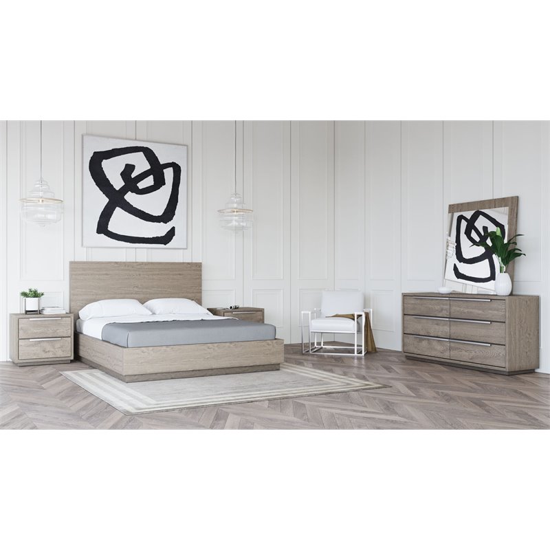 Pemberly Row Contemporary Queen Bed in Grey Wood Veneer with Panel Headboard