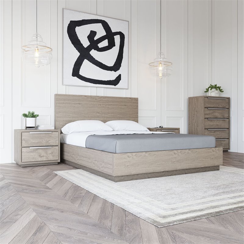 Pemberly Row Contemporary Queen Bed in Grey Wood Veneer with Panel Headboard