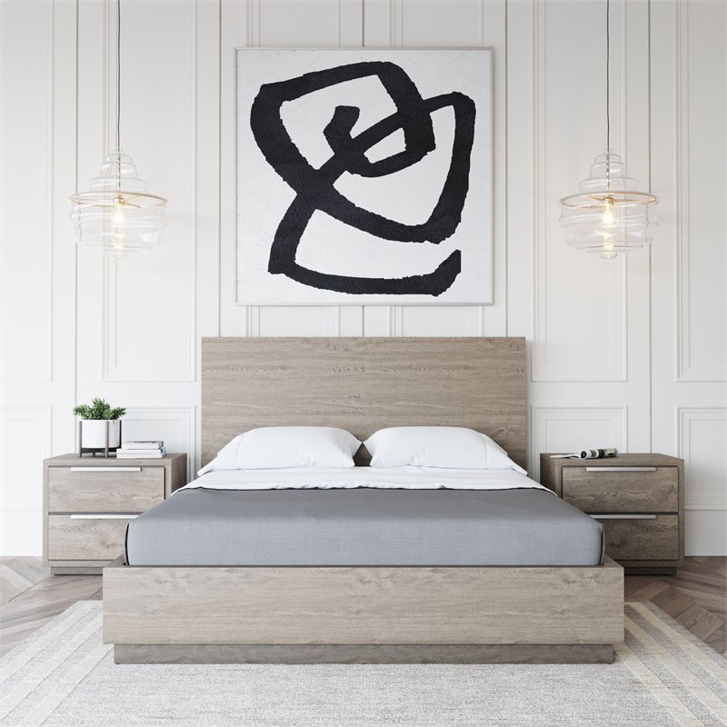 Pemberly Row Contemporary Queen Bed in Grey Wood Veneer with Panel Headboard
