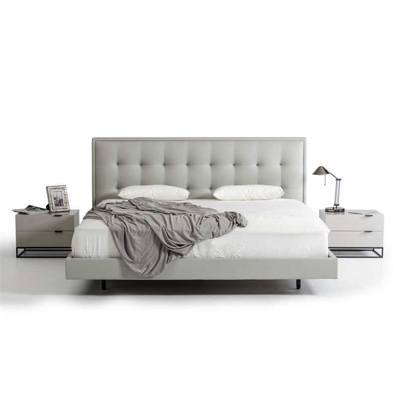 Pemberly Row Gray Leather Upholstered Eastern King Bed with Tufted Headboard