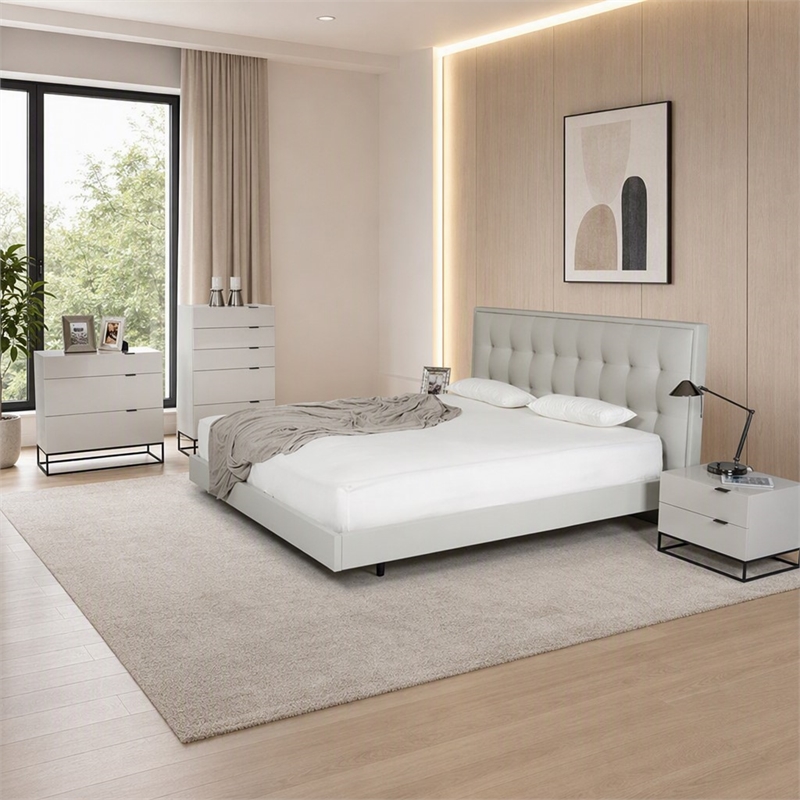 Pemberly Row Gray Leather Upholstered Eastern King Bed with Tufted Headboard