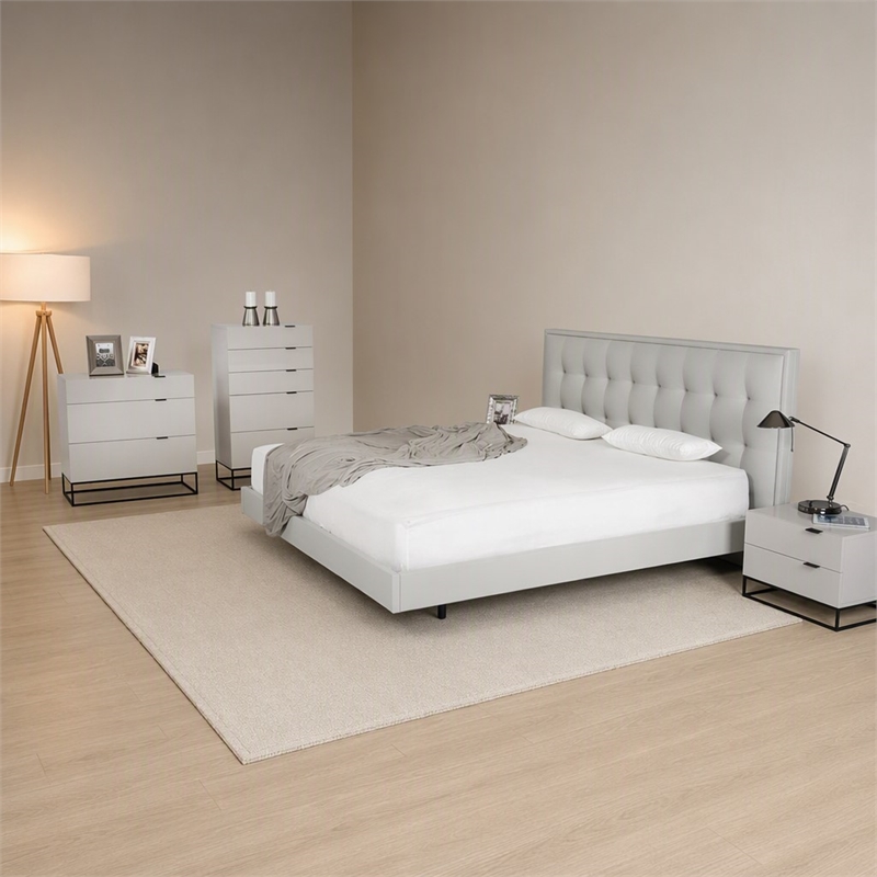 Pemberly Row Gray Leather Upholstered Eastern King Bed with Tufted Headboard