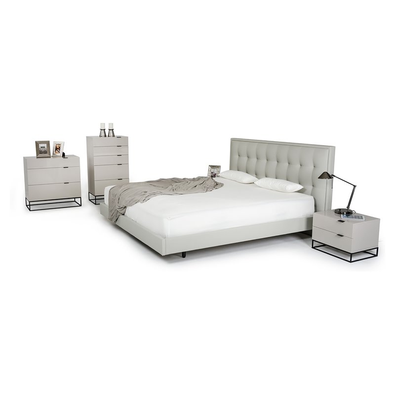 Pemberly Row Gray Leather Upholstered Eastern King Bed with Tufted Headboard