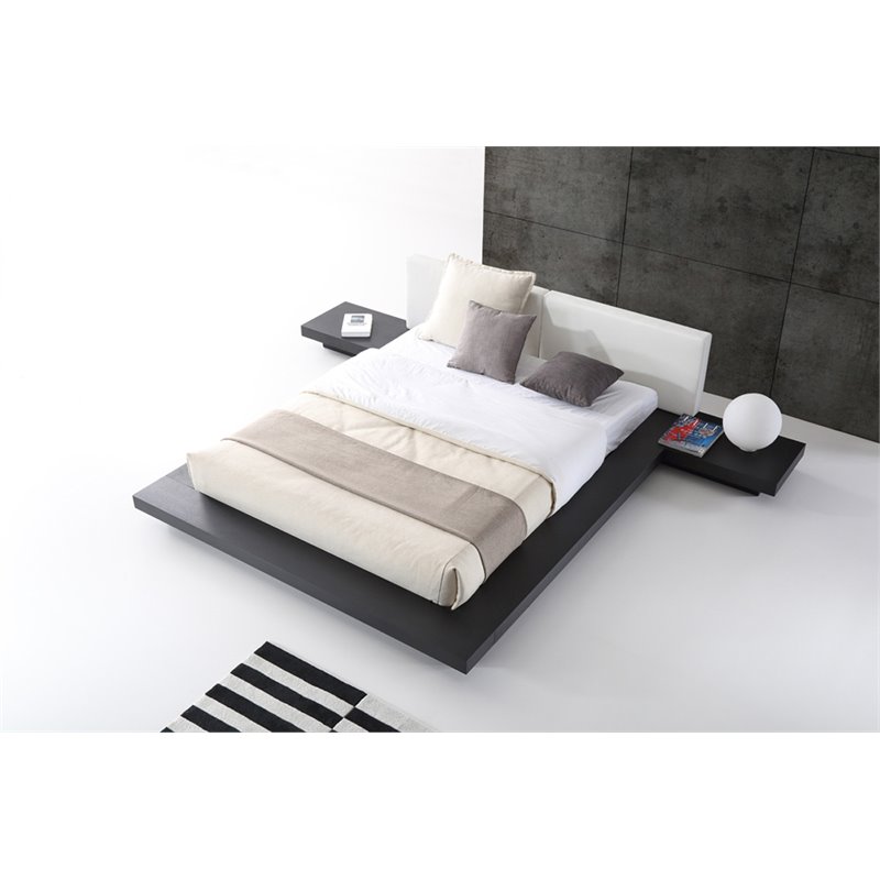 Pemberly Row Eastern King Platform Bed with Wenge Veneer and White Leather