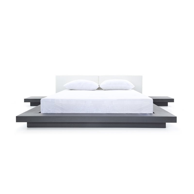 Pemberly Row Eastern King Platform Bed with Wenge Veneer and White Leather
