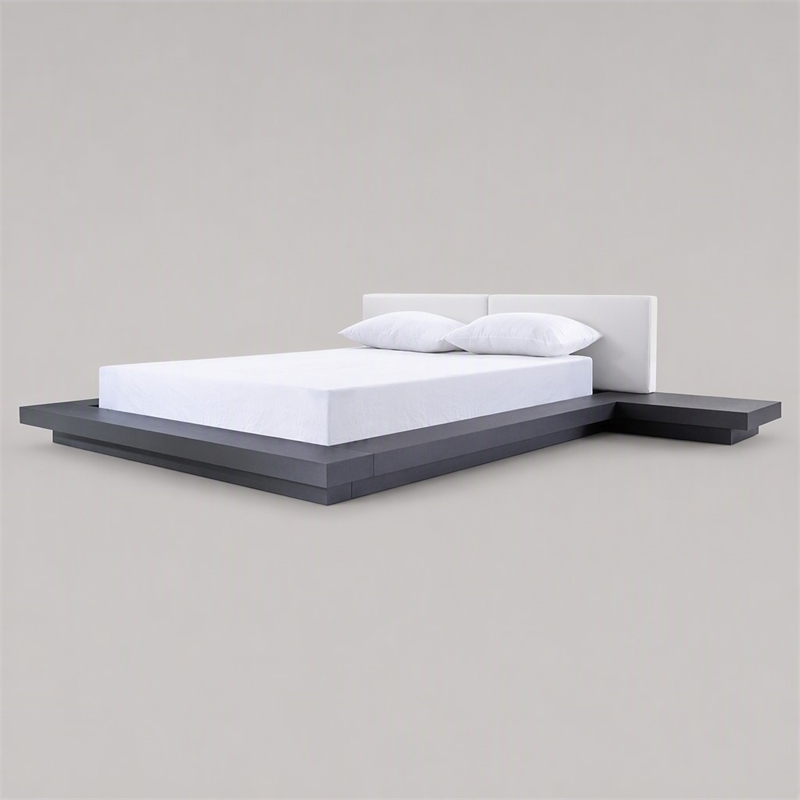 Pemberly Row Eastern King Platform Bed with Wenge Veneer and White Leather