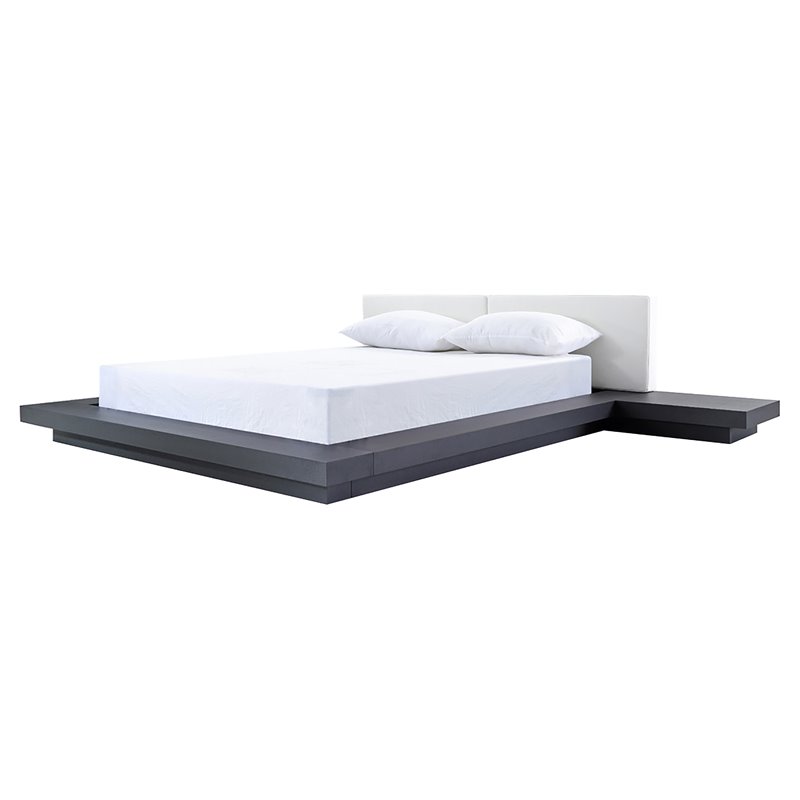 Pemberly Row Eastern King Platform Bed with Wenge Veneer and White Leather