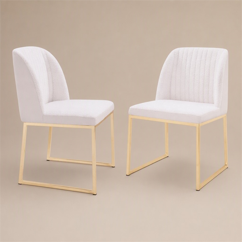 Pemberly Row Faux Leather Sherpa Dining Chairs in White & Gold (Set of 2)