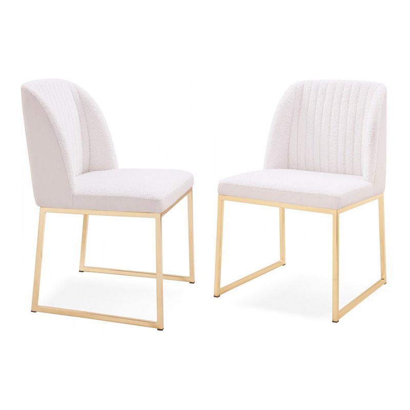 Pemberly Row Faux Leather Sherpa Dining Chairs in White & Gold (Set of 2)