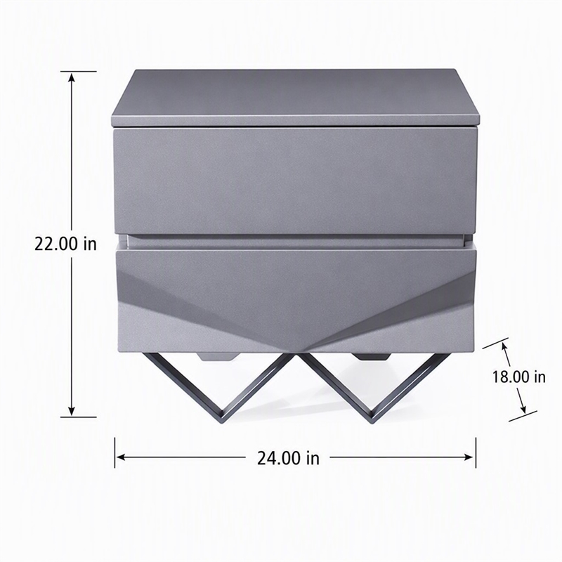 Pemberly Row Modern Nightstand with 2 Drawers & Gun Chrome Legs in Gray/Black