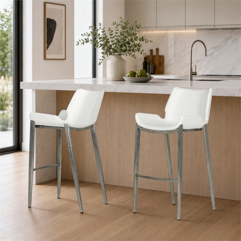 Pemberly Row Set of 2 Leatherette Saddle Bar Stools in White with Steel Frame