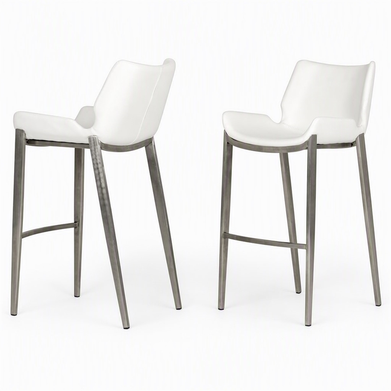 Pemberly Row Set of 2 Leatherette Saddle Bar Stools in White with Steel Frame