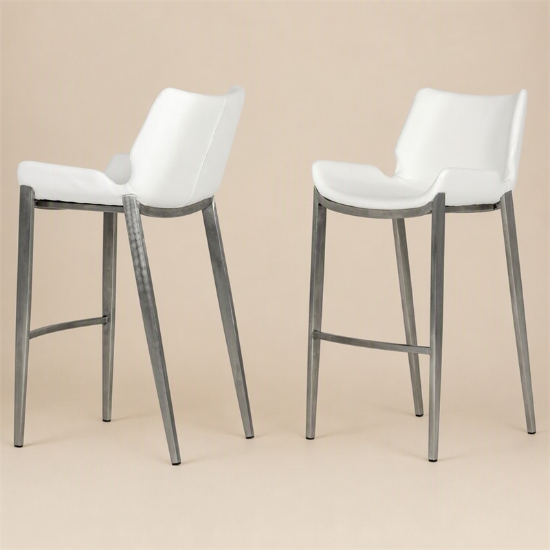 Pemberly Row Set of 2 Leatherette Saddle Bar Stools in White with Steel Frame