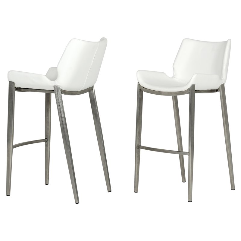 Pemberly Row Set of 2 Leatherette Saddle Bar Stools in White with Steel Frame