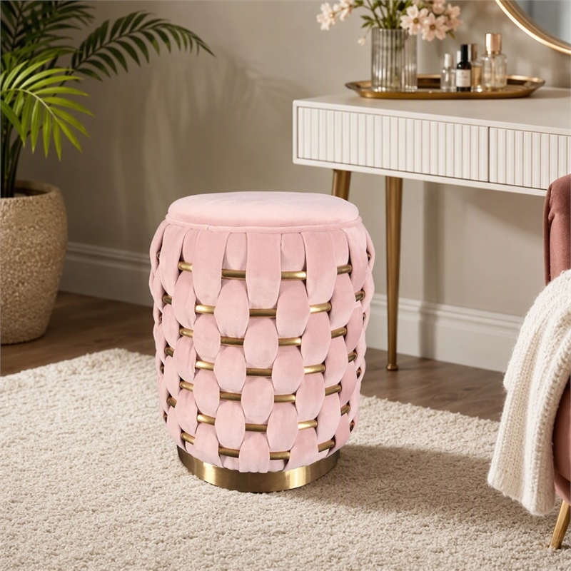 Pemberly Row Pink Velvet Ottoman w/ Gold Metal Details and Woven Accent