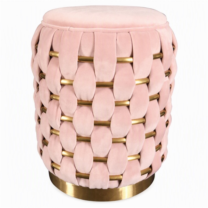Pemberly Row Pink Velvet Ottoman w/ Gold Metal Details and Woven Accent