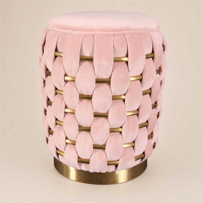 Pemberly Row Pink Velvet Ottoman w/ Gold Metal Details and Woven Accent