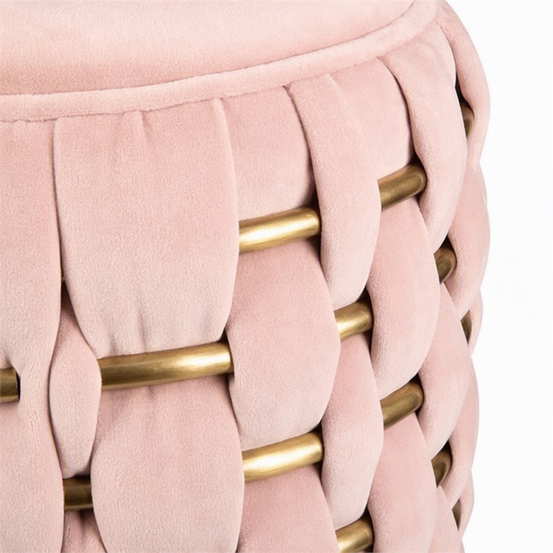 Pemberly Row Pink Velvet Ottoman w/ Gold Metal Details and Woven Accent