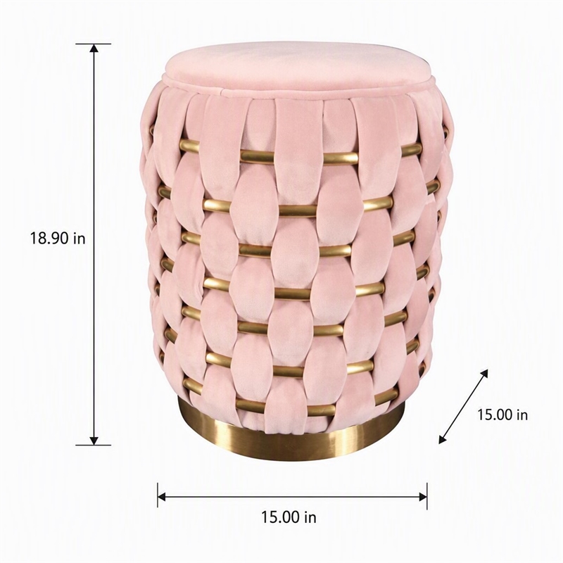 Pemberly Row Pink Velvet Ottoman w/ Gold Metal Details and Woven Accent