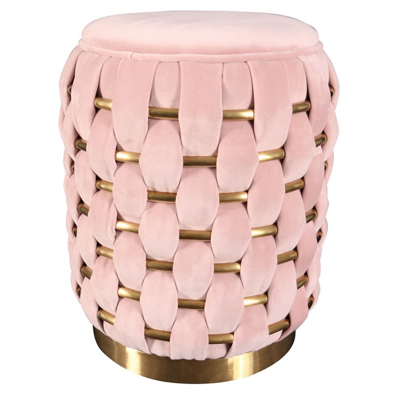 Pemberly Row Pink Velvet Ottoman w/ Gold Metal Details and Woven Accent