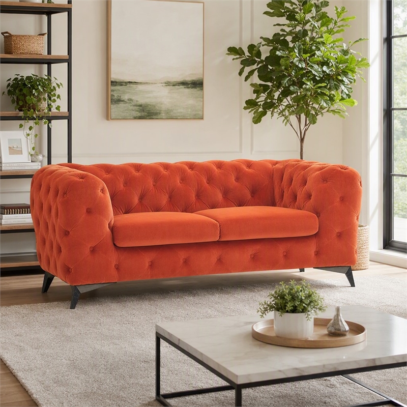 Pemberly Row Orange Velvet Fabric Modern Upholstered Loveseat