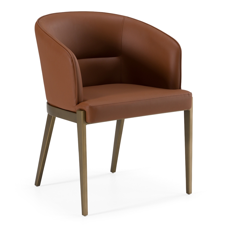 Pemberly Row Modern Brown Vegan Leather Dining Chair in Brass Finish