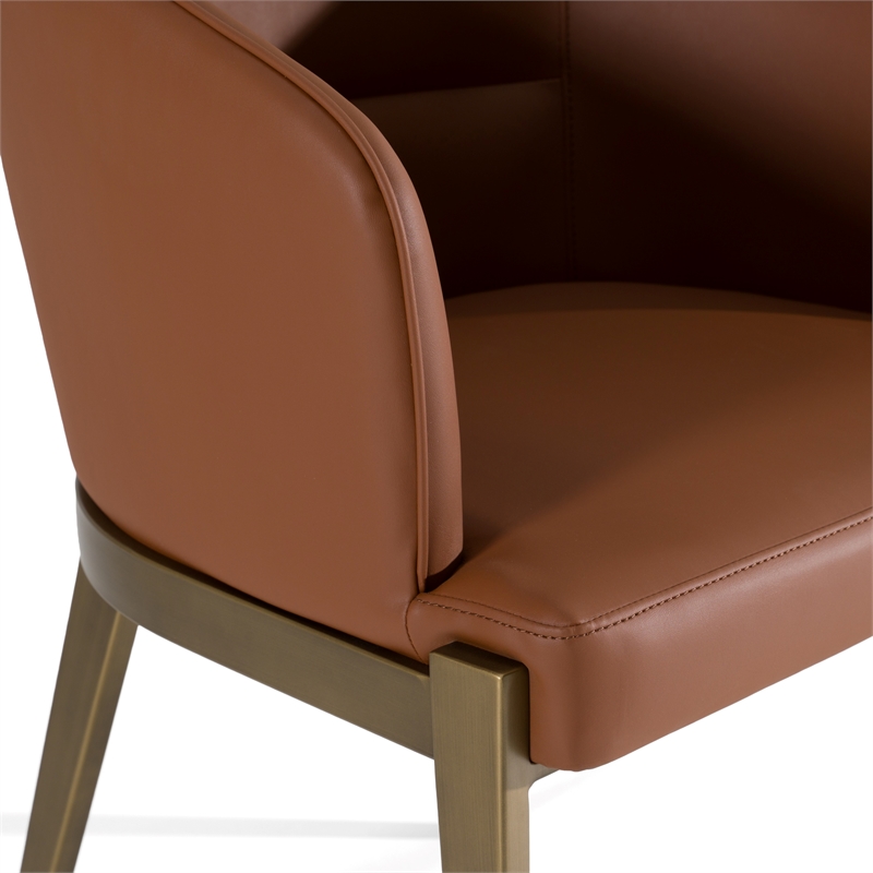Pemberly Row Modern Brown Vegan Leather Dining Chair in Brass Finish