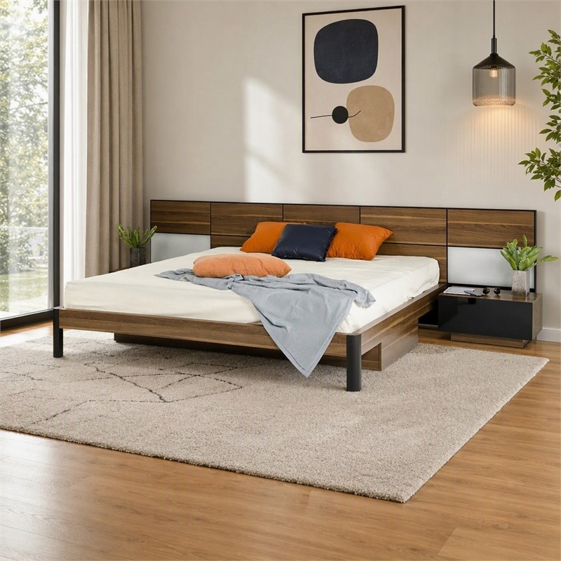 Pemberly Row Modern Eastern King Bed in Wood Finish with Storage and Lighting