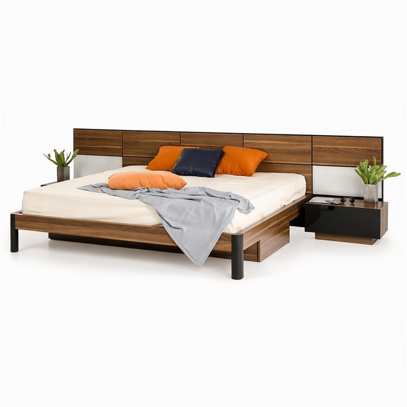 Pemberly Row Modern Eastern King Bed in Wood Finish with Storage and Lighting