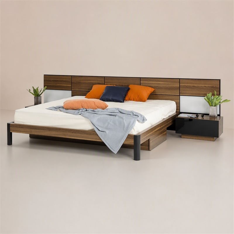 Pemberly Row Modern Eastern King Bed in Wood Finish with Storage and Lighting