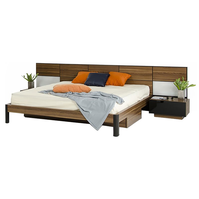 Pemberly Row Modern Eastern King Bed in Wood Finish with Storage and Lighting