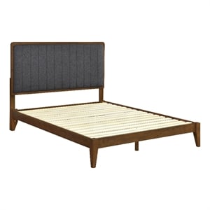 Pemberly Row Full Channel Tufted Complete Bed in Walnut and Charcoal