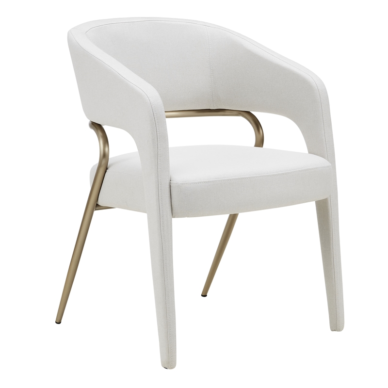 Pemberly Row Modern Fabric Dining Arm Chair in Off White & Antique Brass