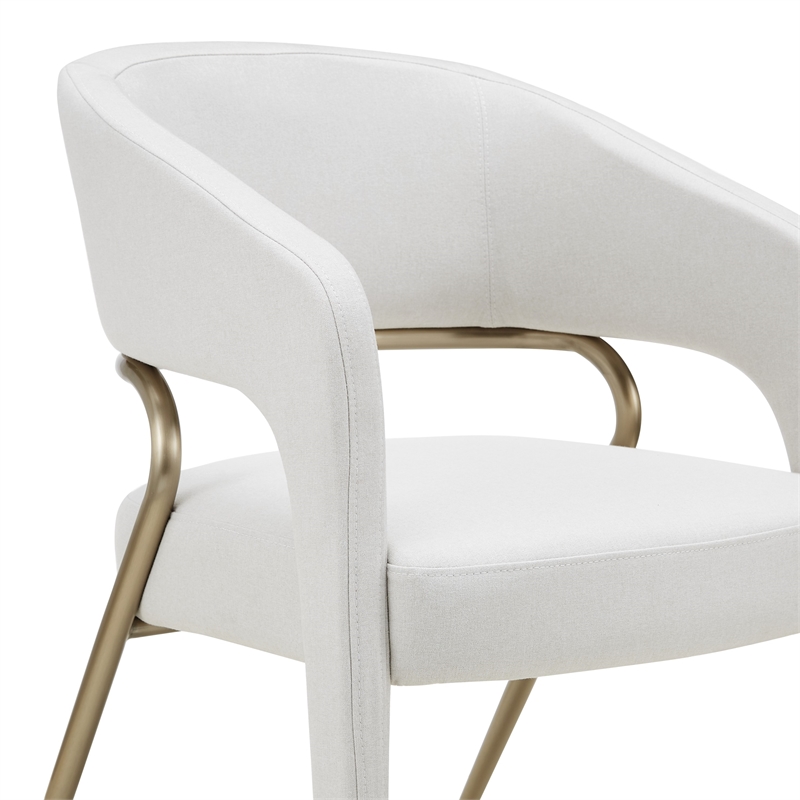 Pemberly Row Modern Fabric Dining Arm Chair in Off White & Antique Brass