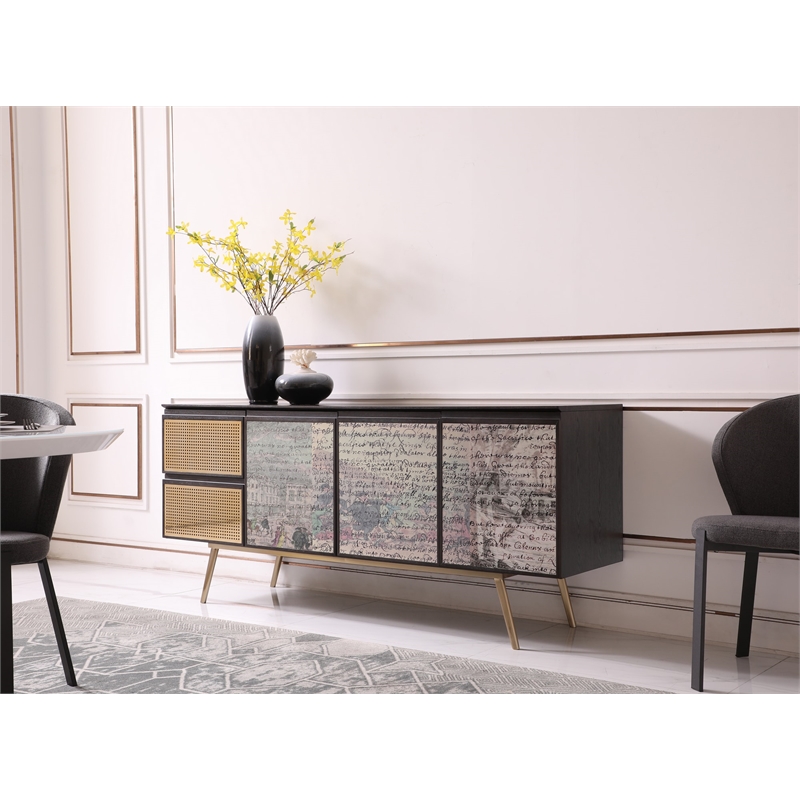 Pemberly Row Modern 3-Door 2-Drawer Buffet in Smoked Ash & Brass