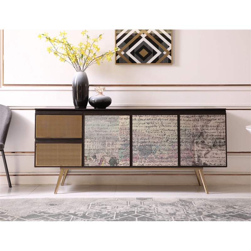 Pemberly Row Modern 3-Door 2-Drawer Buffet in Smoked Ash & Brass