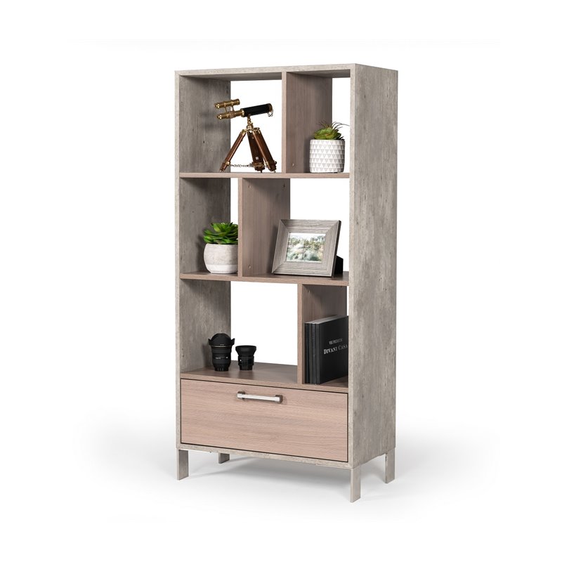 Pemberly Row Modern Faux Concrete & Wood Veneer Bookcase in Gray/Brown Oak