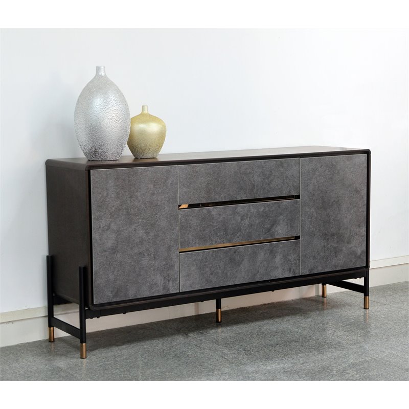 Pemberly Row Contemporary Velvet & Wood Veneer Buffet in Charcoal & Gold