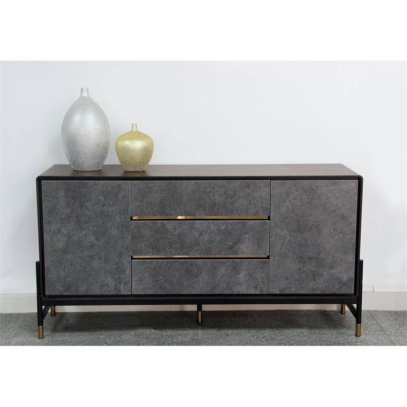 Pemberly Row Contemporary Velvet & Wood Veneer Buffet in Charcoal & Gold