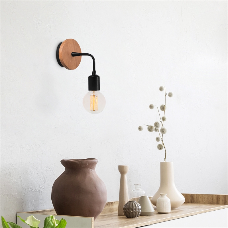 Pemberly Row Industrial Wall Lamp with Metal Body & Wooden Base in Black